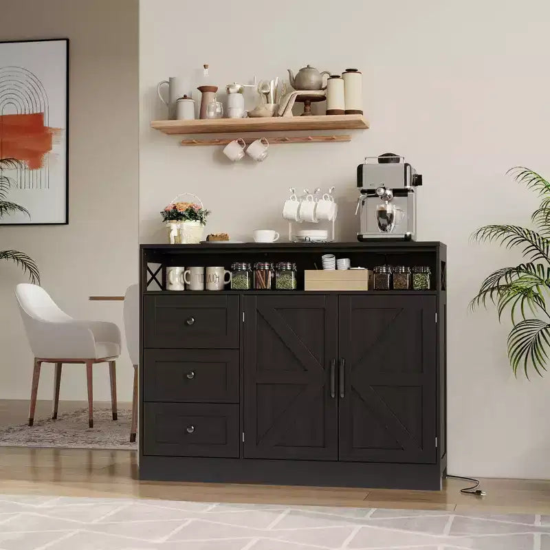 Meuble buffet de ferme CuisinSmart avec rangement et prise de courant intégrée, armoire de salle à manger avec 2 portes et 3 tiroirs pour salon et salle à manger