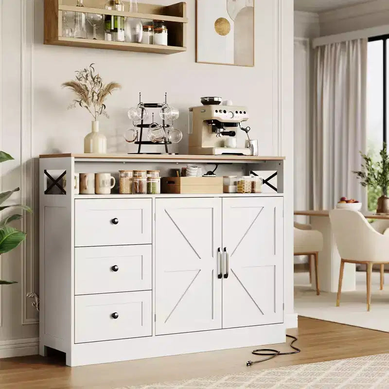 Meuble buffet de ferme CuisinSmart avec rangement et prise de courant intégrée, armoire de salle à manger avec 2 portes et 3 tiroirs pour salon et salle à manger