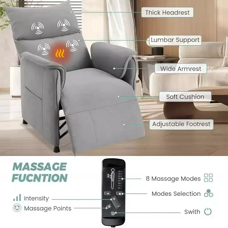 Fauteuil inclinable électrique GustoWave avec massage et chauffage, fauteuil inclinable simple réglable, fauteuil de cinéma maison