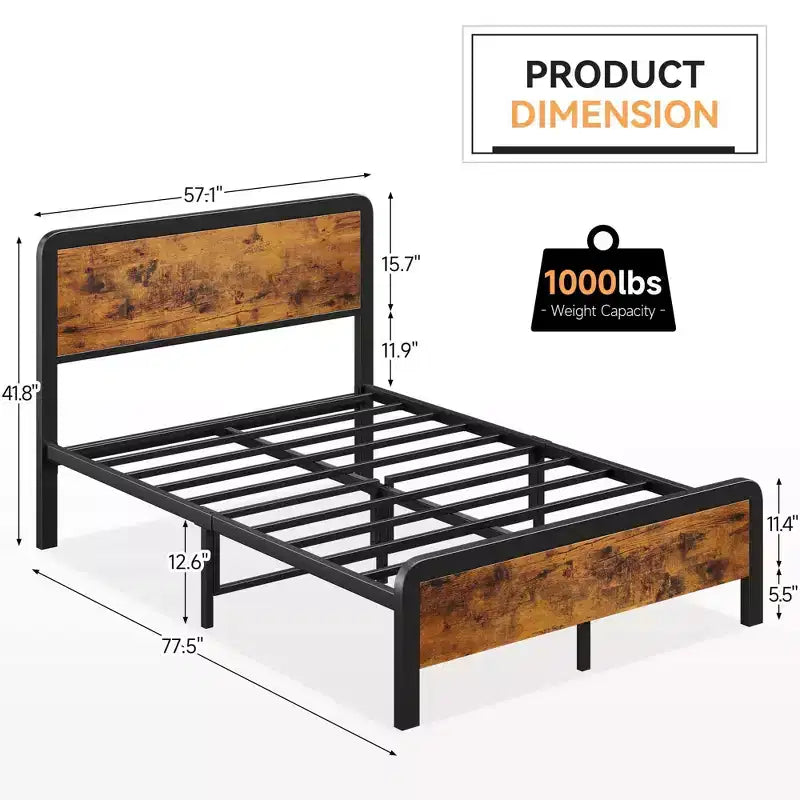 Cadre de lit en métal Coolmee pleine/grand lit avec tête de lit rustique vintage en bois, sommier plateforme avec coins arrondis sécurisés