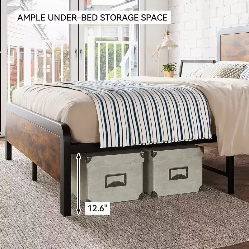 Cadre de lit en métal Coolmee pleine/grand lit avec tête de lit rustique vintage en bois, sommier plateforme avec coins arrondis sécurisés
