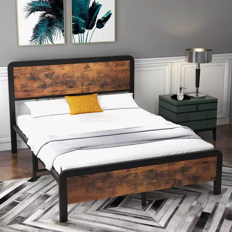 Cadre de lit en métal Coolmee pleine/grand lit avec tête de lit rustique vintage en bois, sommier plateforme avec coins arrondis sécurisés