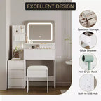 Coiffeuse de 91 cm, coiffeuse moderne pour chambre à coucher, 4 grands tiroirs, 3 modes d'éclairage, étagères de rangement pour chambre à coucher
