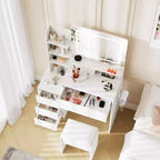 Coiffeuse de 91 cm, coiffeuse moderne pour chambre à coucher, 4 grands tiroirs, 3 modes d'éclairage, étagères de rangement pour chambre à coucher