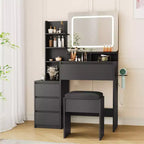 Coiffeuse de 91 cm, coiffeuse moderne pour chambre à coucher, 4 grands tiroirs, 3 modes d'éclairage, étagères de rangement pour chambre à coucher