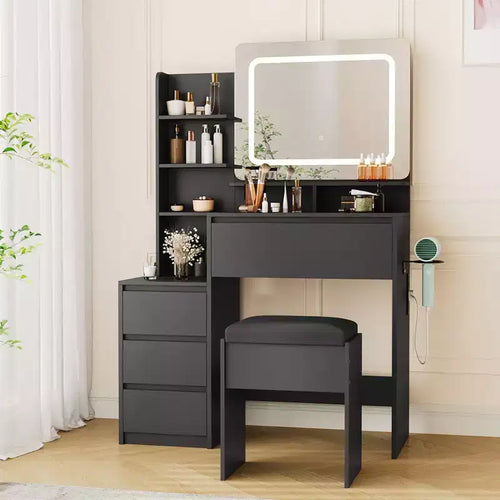 Coiffeuse de 91 cm, coiffeuse moderne pour chambre à coucher, 4 grands tiroirs, 3 modes d'éclairage, étagères de rangement pour chambre à coucher