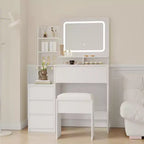 Coiffeuse de 91 cm, coiffeuse moderne pour chambre à coucher, 4 grands tiroirs, 3 modes d'éclairage, étagères de rangement pour chambre à coucher