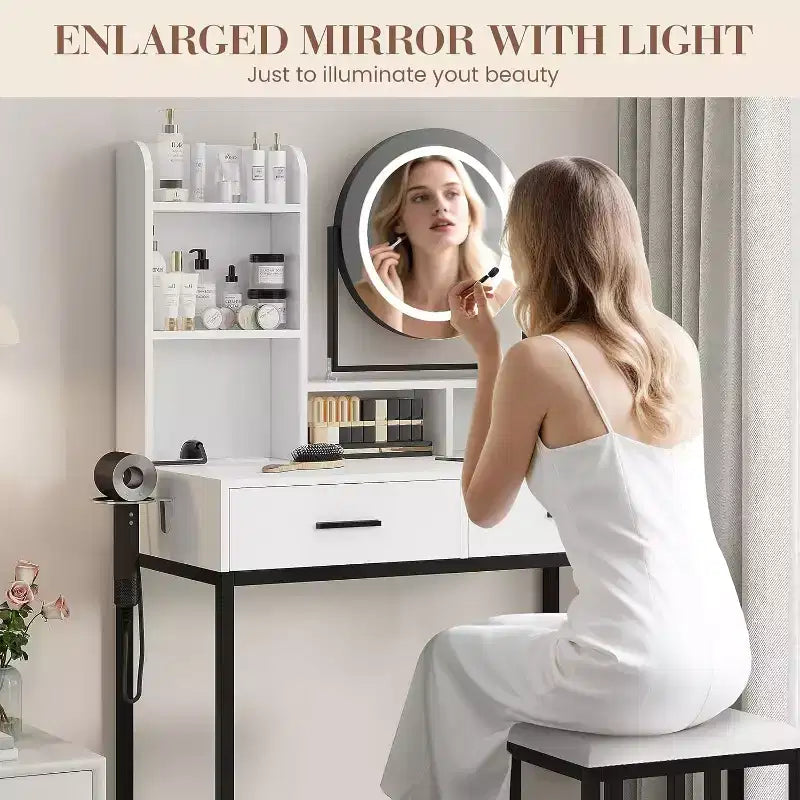 Coiffeuse réglable avec miroir rotatif et étagères de rangement, 2 tiroirs et tabouret, pour chambre, dressing