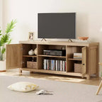Meuble TV en rotin, meuble TV style bohème avec 2 niveaux de rangement, meuble TV et console média en bois pour salon