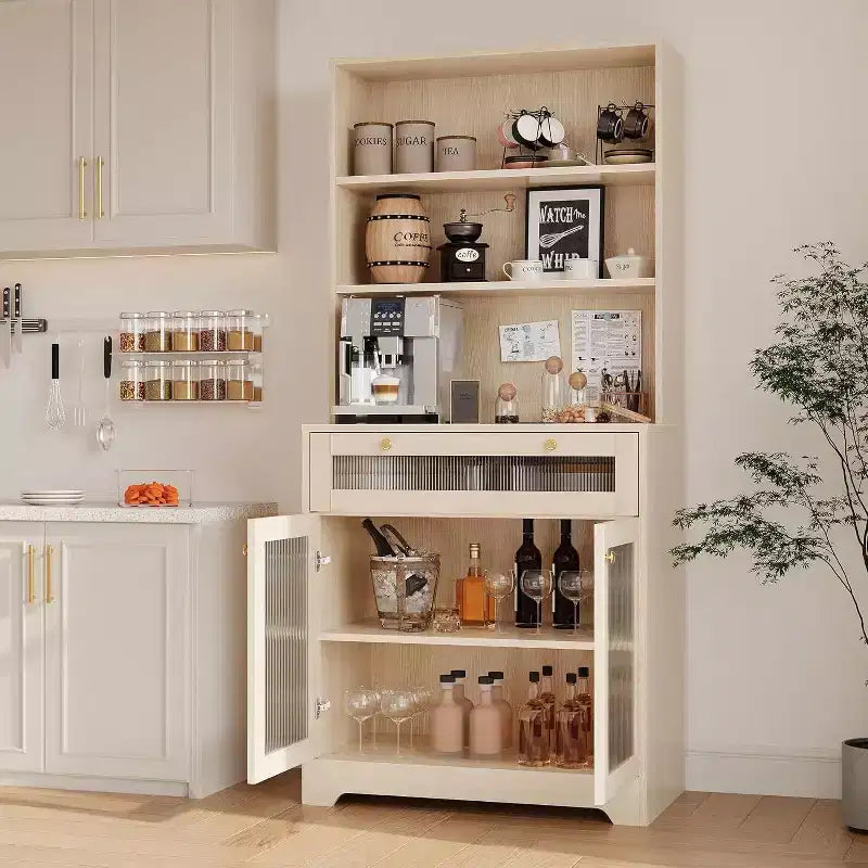Meuble de cuisine Acekool avec portes en verre, étagère ouverte à 3 niveaux et tiroir, étagères réglables, table de bar à café pour cuisine et salle à manger, blanc