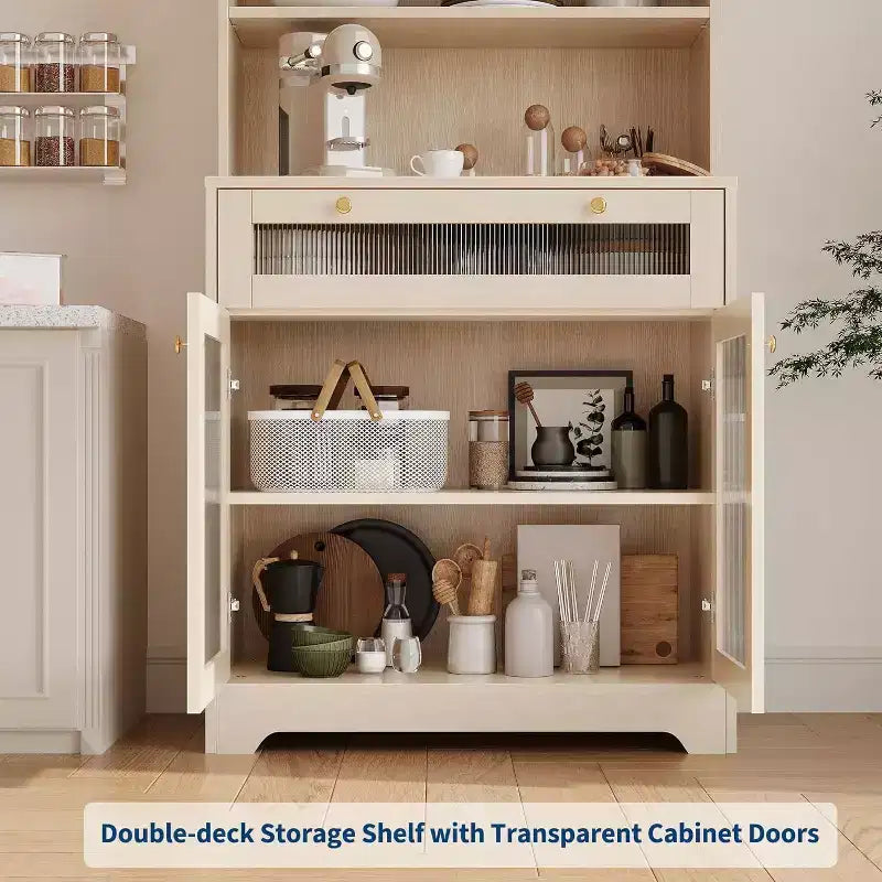 Meuble de cuisine Acekool avec portes en verre, étagère ouverte à 3 niveaux et tiroir, étagères réglables, table de bar à café pour cuisine et salle à manger, blanc