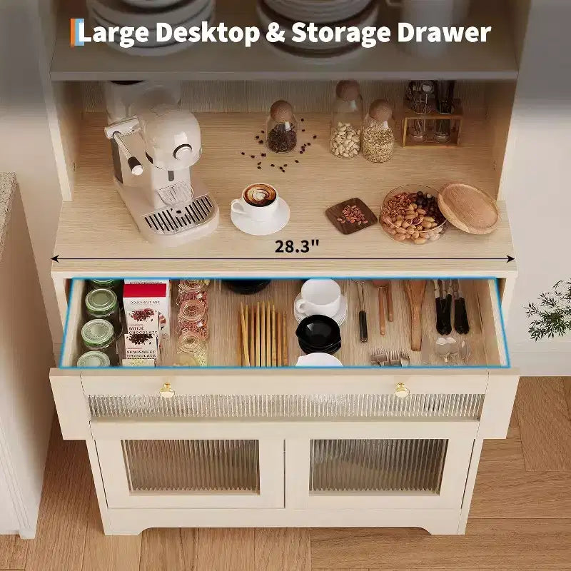 Meuble de cuisine Acekool avec portes en verre, étagère ouverte à 3 niveaux et tiroir, étagères réglables, table de bar à café pour cuisine et salle à manger, blanc