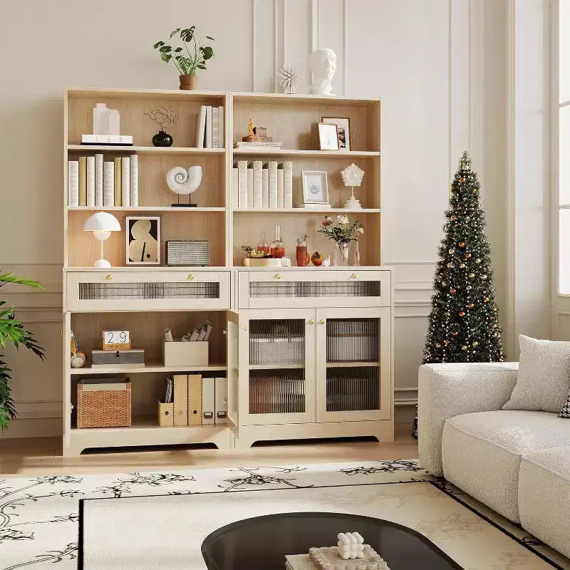 Meuble de cuisine Acekool avec portes en verre, étagère ouverte à 3 niveaux et tiroir, étagères réglables, table de bar à café pour cuisine et salle à manger, blanc