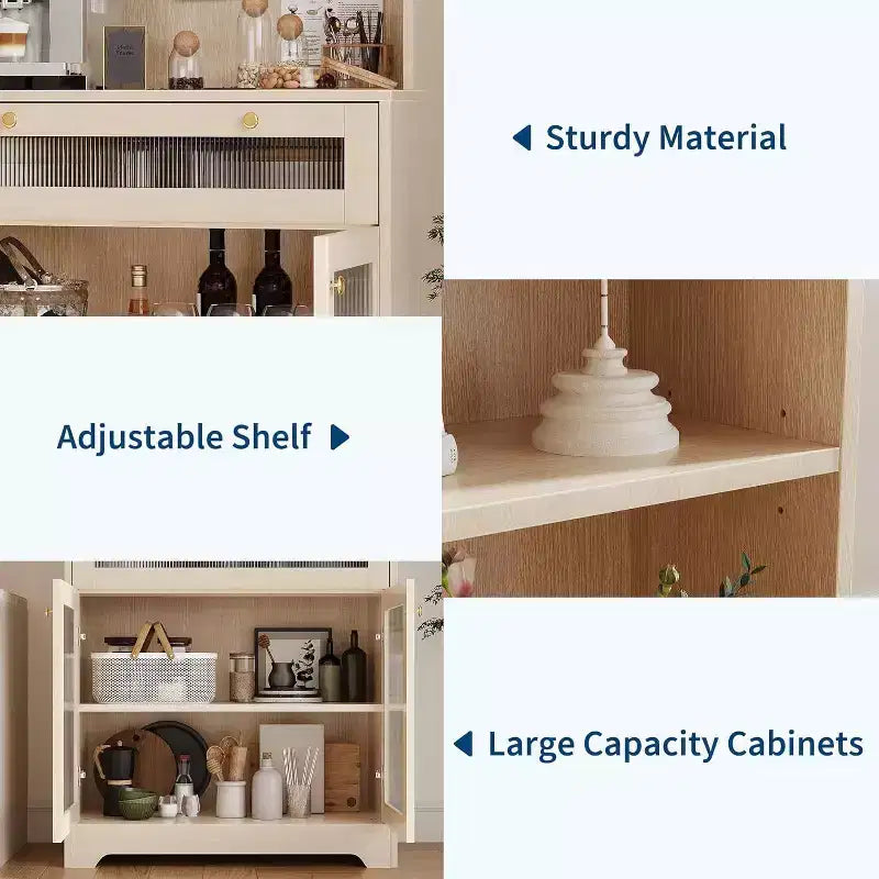 Meuble de cuisine Acekool avec portes en verre, étagère ouverte à 3 niveaux et tiroir, étagères réglables, table de bar à café pour cuisine et salle à manger, blanc