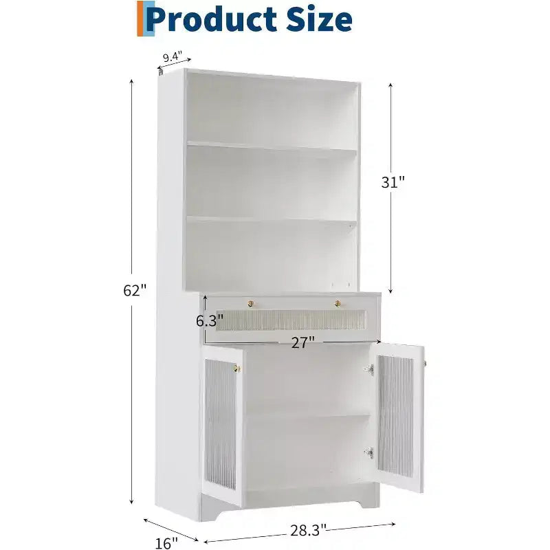 Meuble de cuisine Acekool avec portes en verre, étagère ouverte à 3 niveaux et tiroir, étagères réglables, table de bar à café pour cuisine et salle à manger, blanc