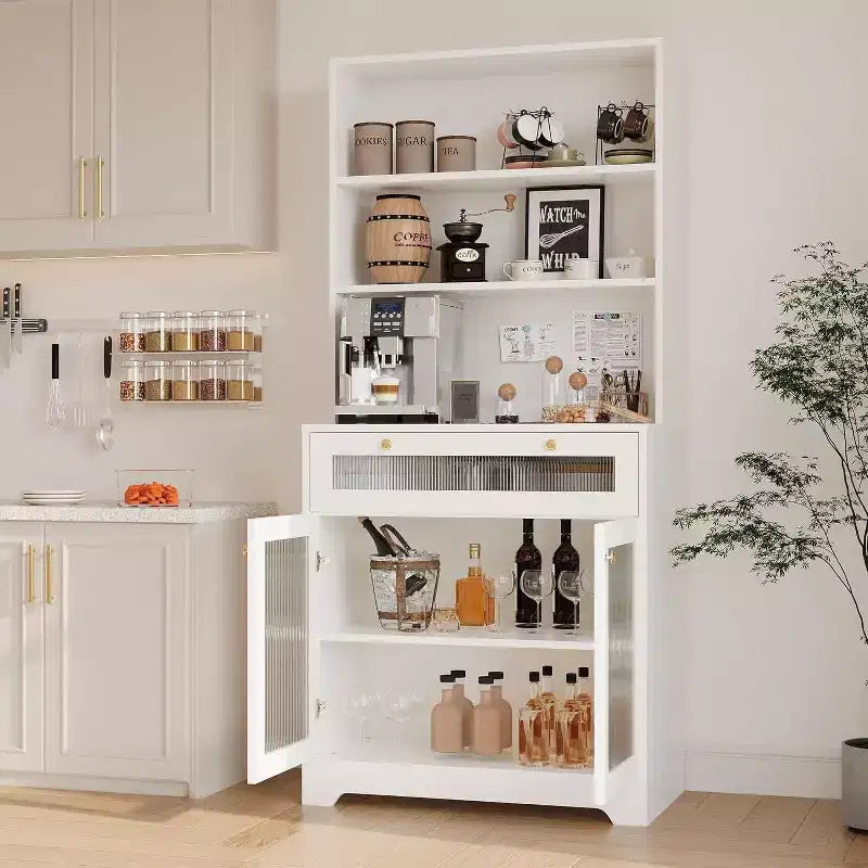 Meuble de cuisine Acekool avec portes en verre, étagère ouverte à 3 niveaux et tiroir, étagères réglables, table de bar à café pour cuisine et salle à manger, blanc