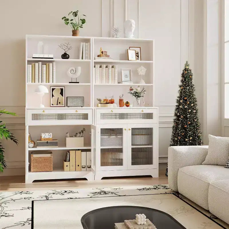 Meuble de cuisine Acekool avec portes en verre, étagère ouverte à 3 niveaux et tiroir, étagères réglables, table de bar à café pour cuisine et salle à manger, blanc