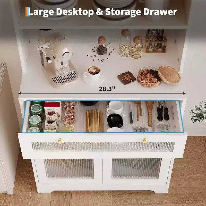 Meuble de cuisine Acekool avec portes en verre, étagère ouverte à 3 niveaux et tiroir, étagères réglables, table de bar à café pour cuisine et salle à manger, blanc