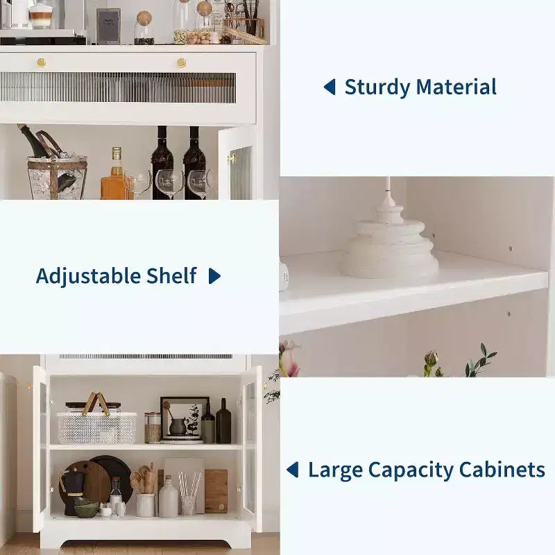 Meuble de cuisine Acekool avec portes en verre, étagère ouverte à 3 niveaux et tiroir, étagères réglables, table de bar à café pour cuisine et salle à manger, blanc
