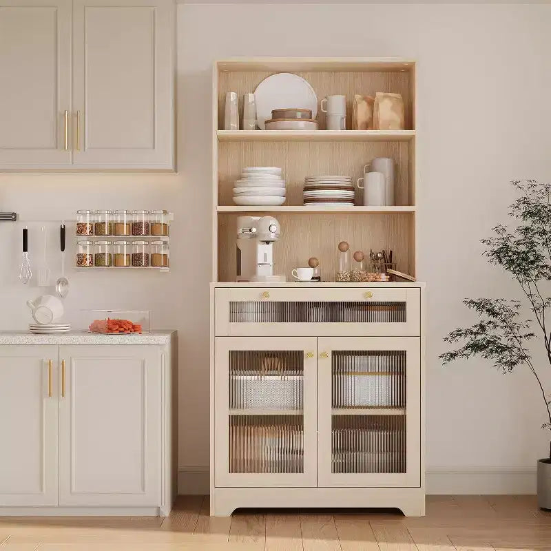 Meuble de cuisine Acekool avec portes en verre, étagère ouverte à 3 niveaux et tiroir, étagères réglables, table de bar à café pour cuisine et salle à manger, blanc