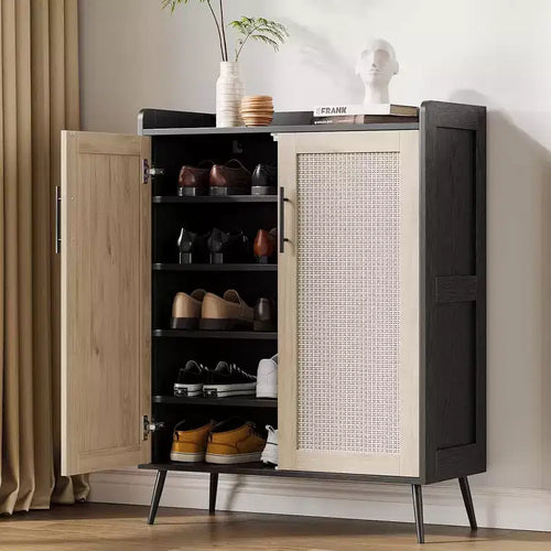 Acekool 6-Tier Rattan Shoe Cabinet - Adjustable Shelf Organizer with Doors for Entryway, Hallway & Closet, Natural Weave