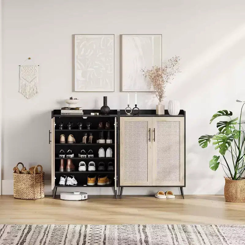 Meuble à chaussures Acekool 6 niveaux en rotin – Organiseur avec étagères réglables et portes pour entrée, couloir et dressing, tissage naturel