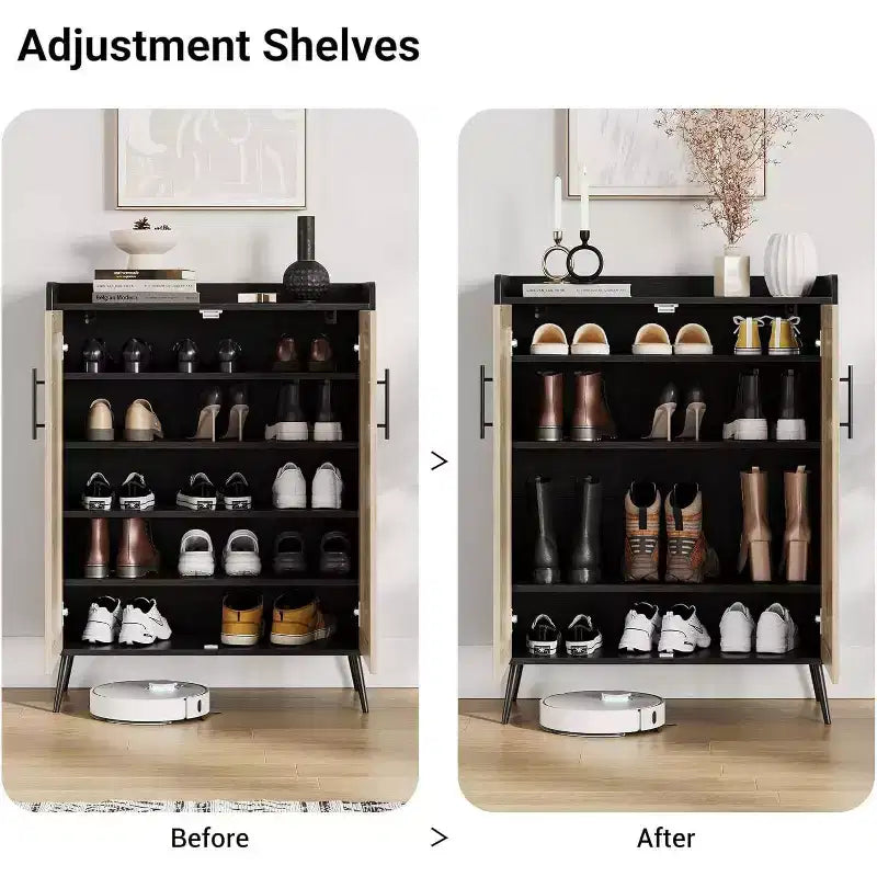 Meuble à chaussures Acekool 6 niveaux en rotin – Organiseur avec étagères réglables et portes pour entrée, couloir et dressing, tissage naturel