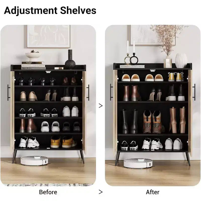 Meuble à chaussures Acekool 6 niveaux en rotin – Organiseur avec étagères réglables et portes pour entrée, couloir et dressing, tissage naturel