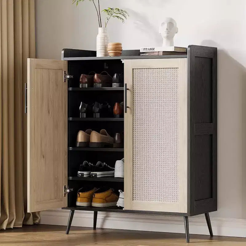 Meuble à chaussures Acekool 6 niveaux en rotin – Organiseur avec étagères réglables et portes pour entrée, couloir et dressing, tissage naturel