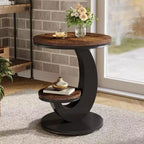 Table d'appoint ronde Lantine, table d'appoint à 2 niveaux, table de chevet en bois avec cadre métallique en forme d'arc pour petits espaces, salon, chambre à coucher