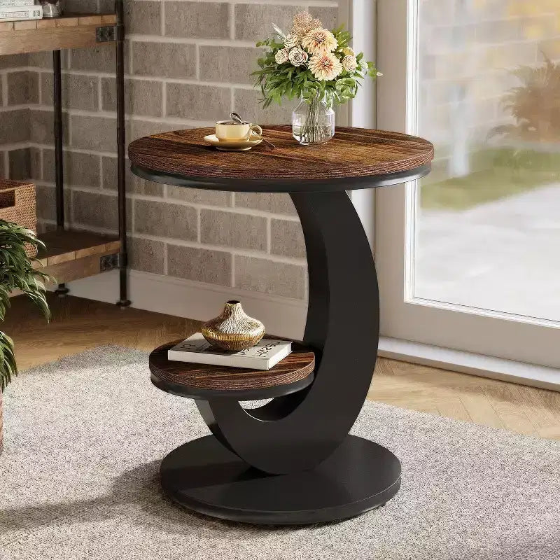 Table d'appoint ronde Lantine, table d'appoint à 2 niveaux, table de chevet en bois avec cadre métallique en forme d'arc pour petits espaces, salon, chambre à coucher