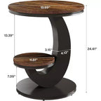 Table d'appoint ronde Lantine, table d'appoint à 2 niveaux, table de chevet en bois avec cadre métallique en forme d'arc pour petits espaces, salon, chambre à coucher