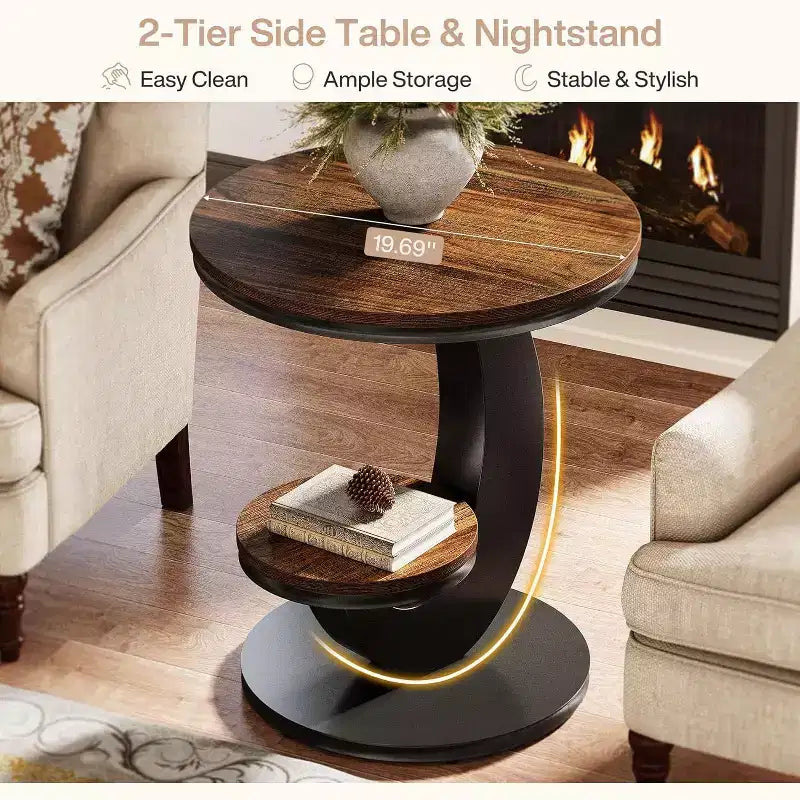 Table d'appoint ronde Lantine, table d'appoint à 2 niveaux, table de chevet en bois avec cadre métallique en forme d'arc pour petits espaces, salon, chambre à coucher