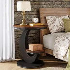 Table d'appoint ronde Lantine, table d'appoint à 2 niveaux, table de chevet en bois avec cadre métallique en forme d'arc pour petits espaces, salon, chambre à coucher