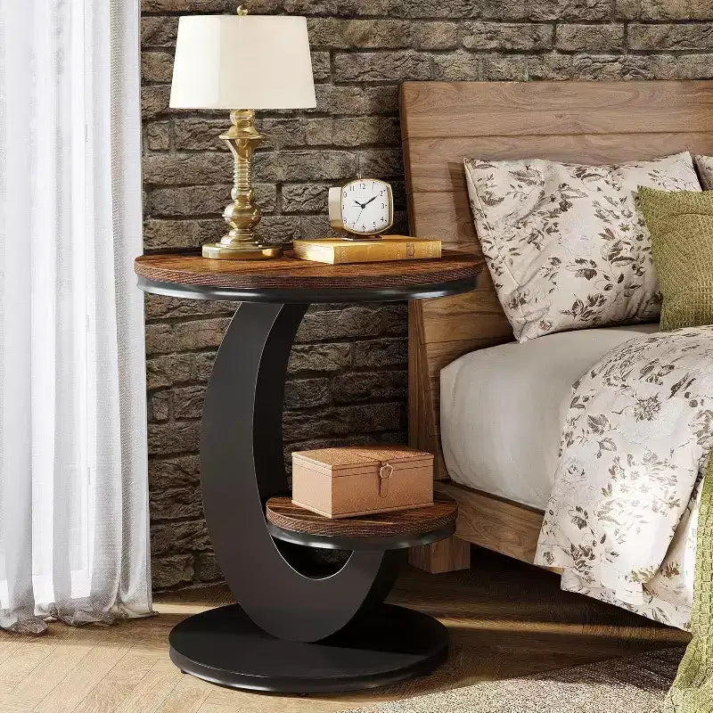 Table d'appoint ronde Lantine, table d'appoint à 2 niveaux, table de chevet en bois avec cadre métallique en forme d'arc pour petits espaces, salon, chambre à coucher