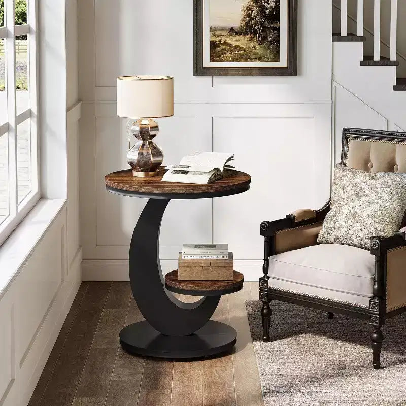 Table d'appoint ronde Lantine, table d'appoint à 2 niveaux, table de chevet en bois avec cadre métallique en forme d'arc pour petits espaces, salon, chambre à coucher
