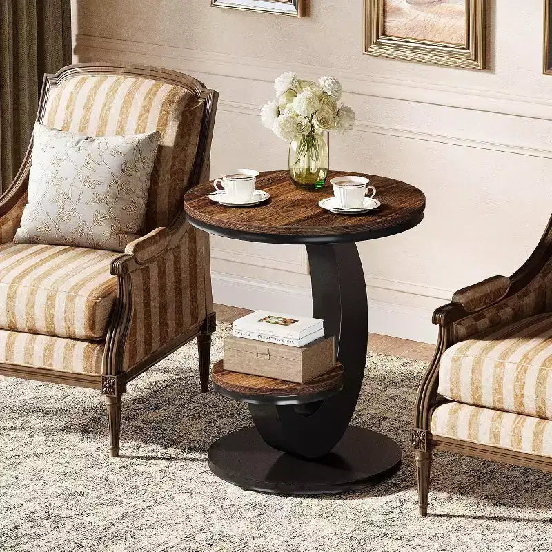Table d'appoint ronde Lantine, table d'appoint à 2 niveaux, table de chevet en bois avec cadre métallique en forme d'arc pour petits espaces, salon, chambre à coucher