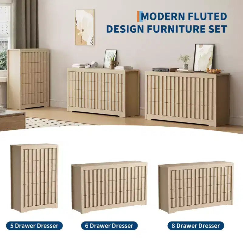 Commode à 5 tiroirs cannelés pour chambre à coucher, Commode moderne, Façades cannelées, Commode de rangement en bois pour chambre à coucher, salon