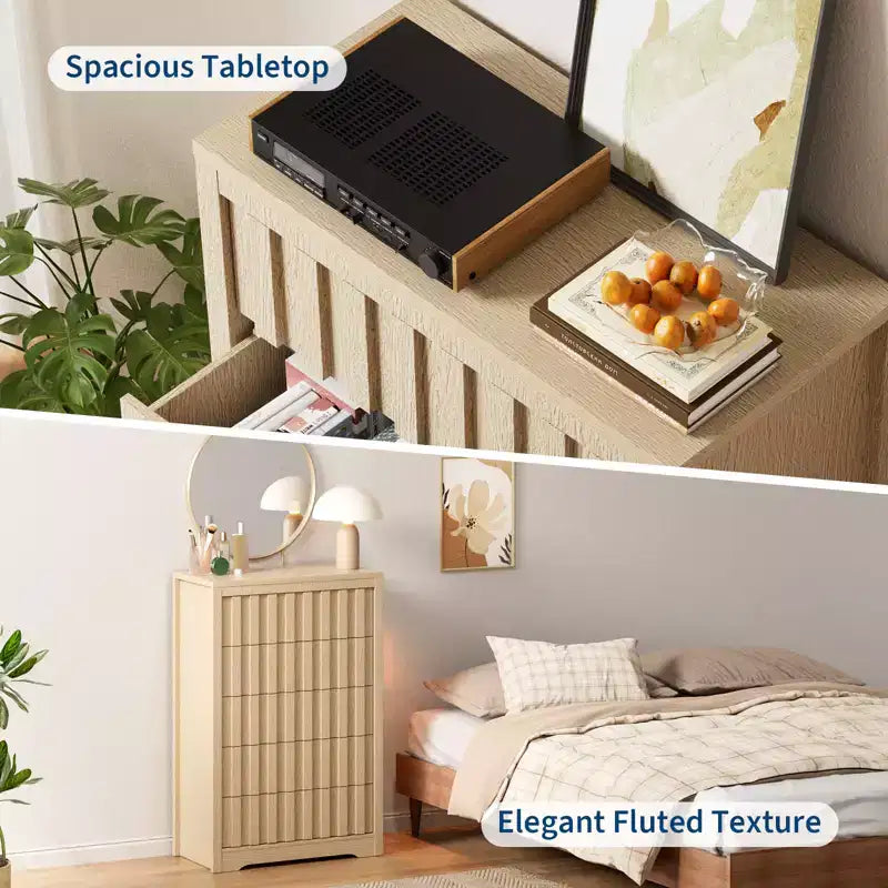 Commode à 5 tiroirs cannelés pour chambre à coucher, Commode moderne, Façades cannelées, Commode de rangement en bois pour chambre à coucher, salon