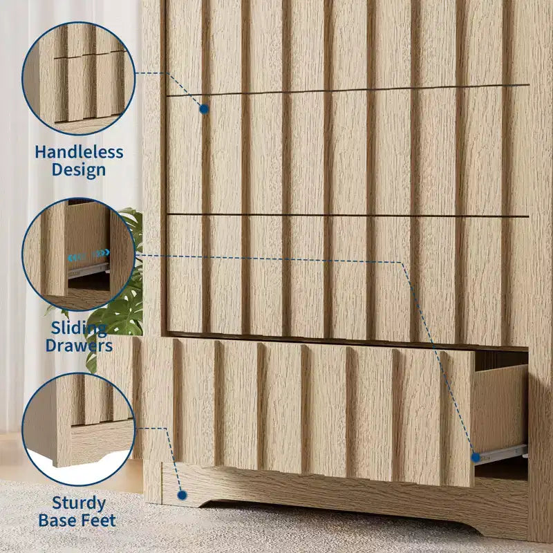 Commode à 5 tiroirs cannelés pour chambre à coucher, Commode moderne, Façades cannelées, Commode de rangement en bois pour chambre à coucher, salon