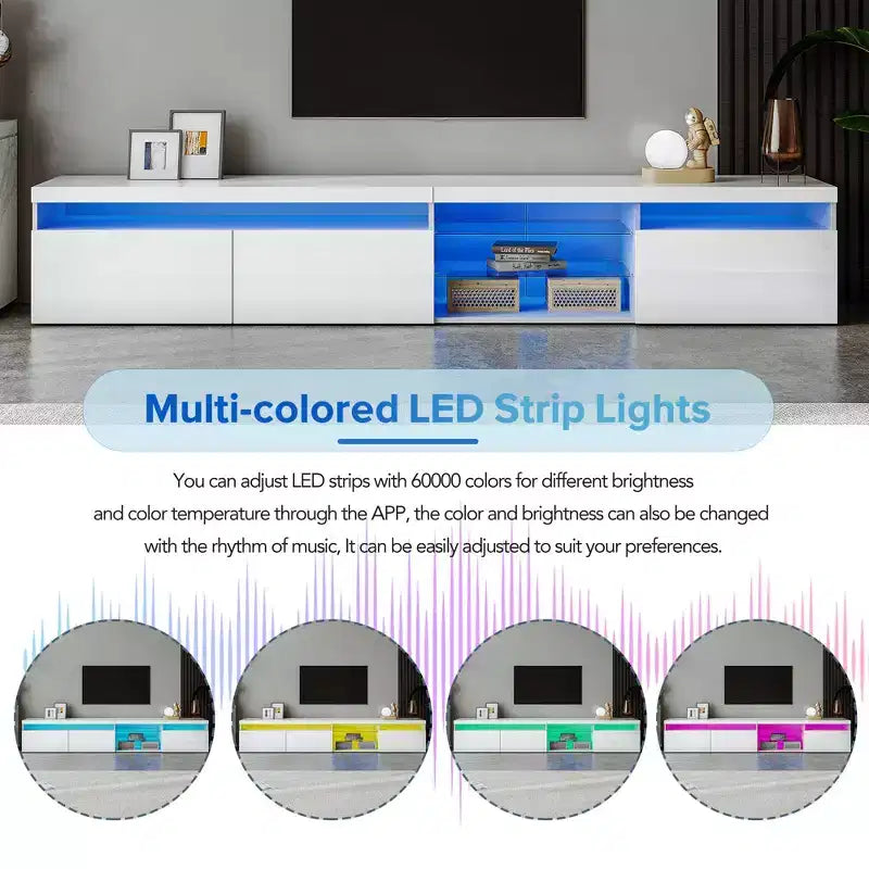 Meuble TV moderne Bestier pour téléviseurs jusqu'à 105 pouces avec 2 étagères en verre, console de rangement multimédia, meuble TV polyvalent avec lumières LED pour salon, blanc