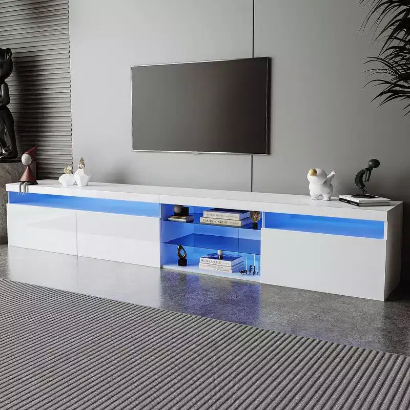 Meuble TV moderne Bestier pour téléviseurs jusqu'à 105 pouces avec 2 étagères en verre, console de rangement multimédia, meuble TV polyvalent avec lumières LED pour salon, blanc