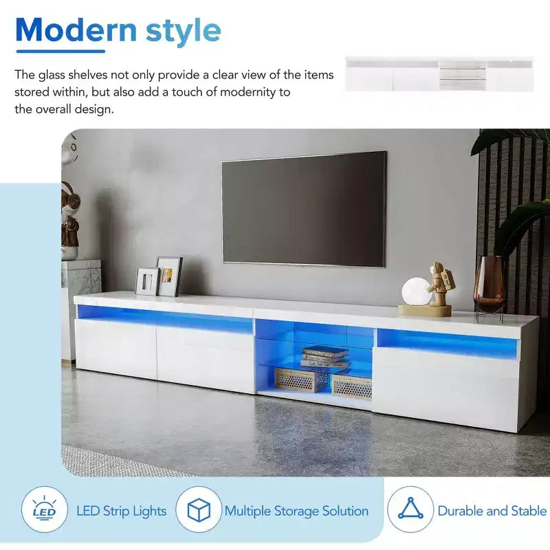 Meuble TV moderne Bestier pour téléviseurs jusqu'à 105 pouces avec 2 étagères en verre, console de rangement multimédia, meuble TV polyvalent avec lumières LED pour salon, blanc