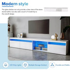Meuble TV moderne Bestier pour téléviseurs jusqu'à 105 pouces avec 2 étagères en verre, console de rangement multimédia, meuble TV polyvalent avec lumières LED pour salon, blanc