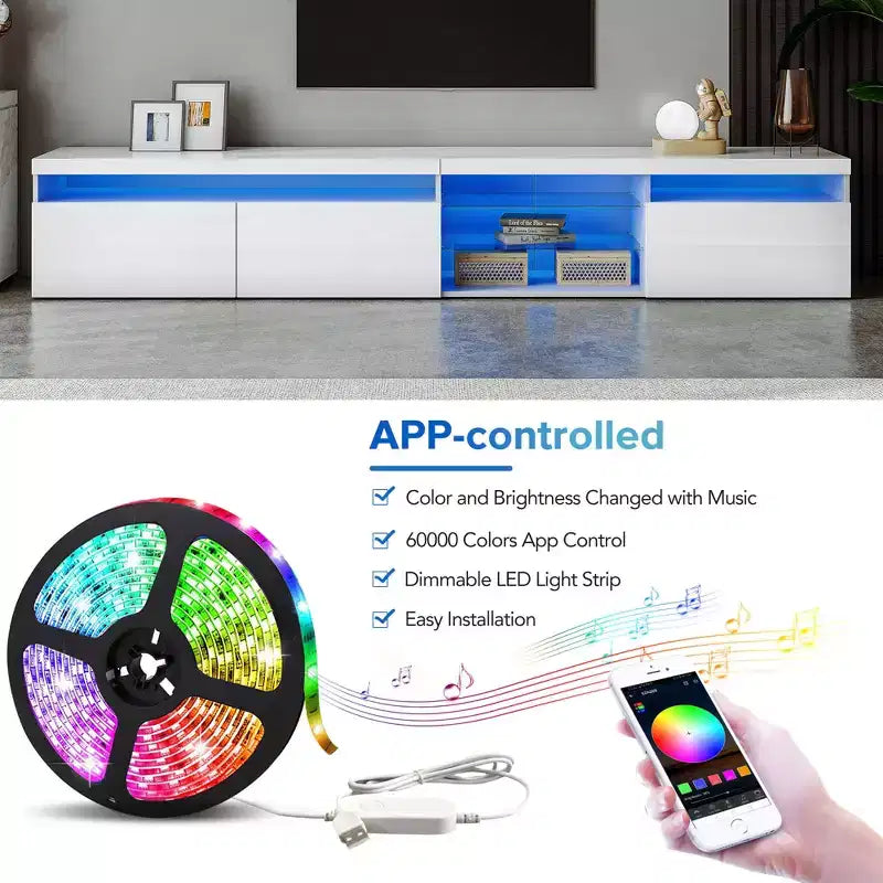 Meuble TV moderne Bestier pour téléviseurs jusqu'à 105 pouces avec 2 étagères en verre, console de rangement multimédia, meuble TV polyvalent avec lumières LED pour salon, blanc