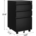 Classeur mobile 3 tiroirs à étagère réglable avec clés, pour bureau et espace de travail à domicile, rangement latéral sous le bureau, pour documents de format légal, lettre et A4, noir