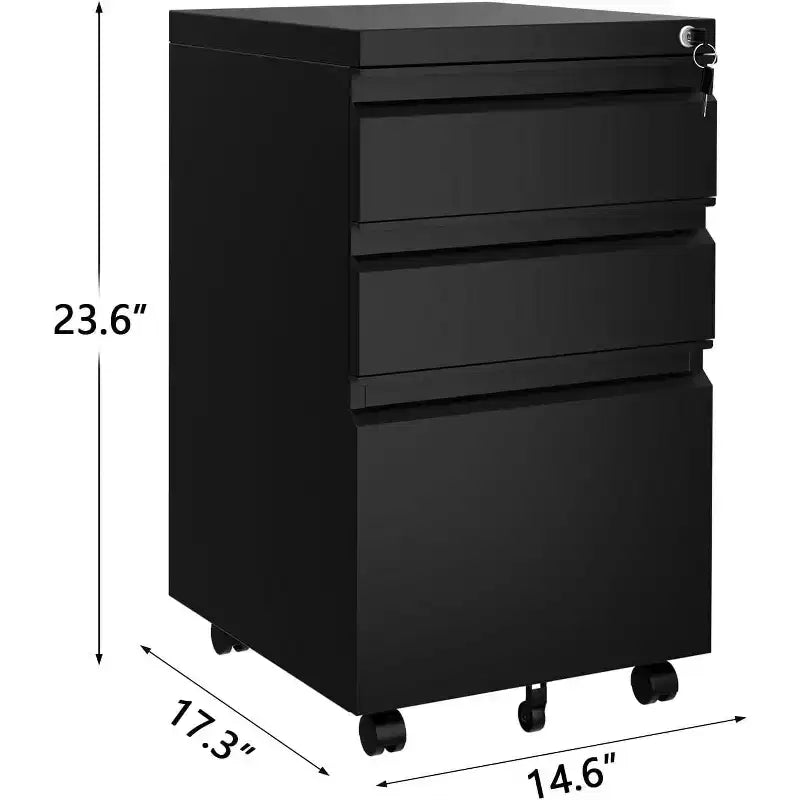 Classeur mobile 3 tiroirs à étagère réglable avec clés, pour bureau et espace de travail à domicile, rangement latéral sous le bureau, pour documents de format légal, lettre et A4, noir