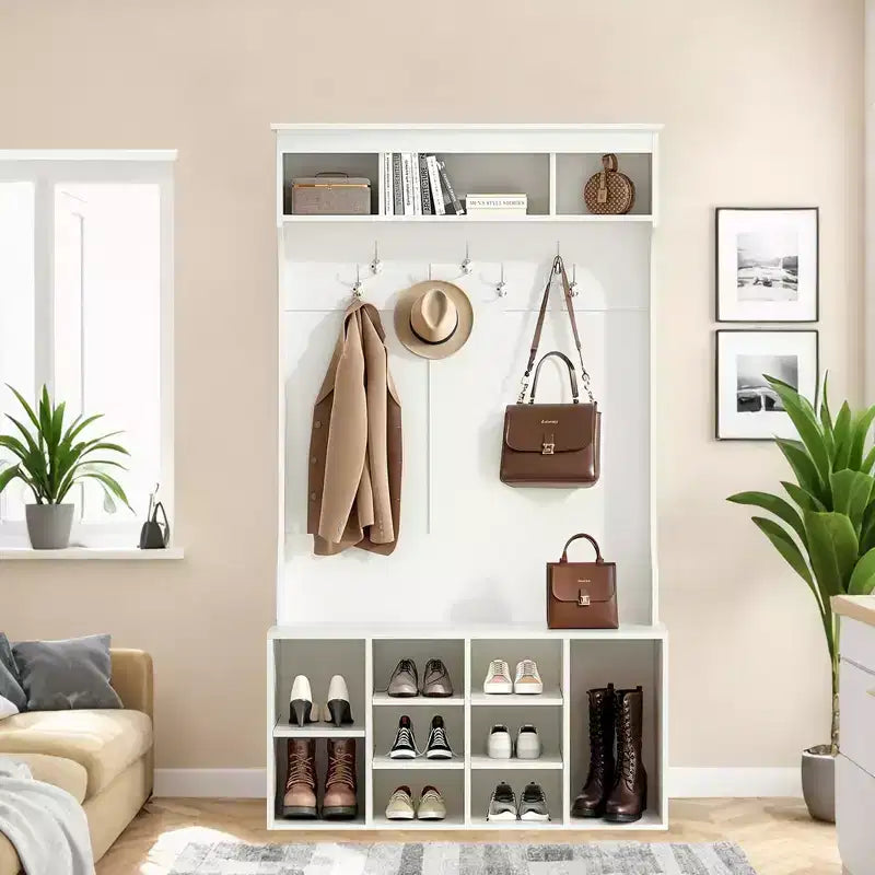 MAYEERTY Portemanteau d'entrée noir de 180 cm – Avec rangement à chaussures et 7 crochets, banc réglable autoportant pour buanderie