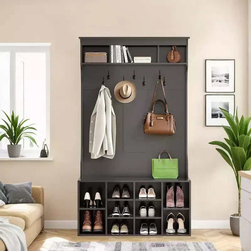 MAYEERTY Portemanteau d'entrée noir de 180 cm – Avec rangement à chaussures et 7 crochets, banc réglable autoportant pour buanderie