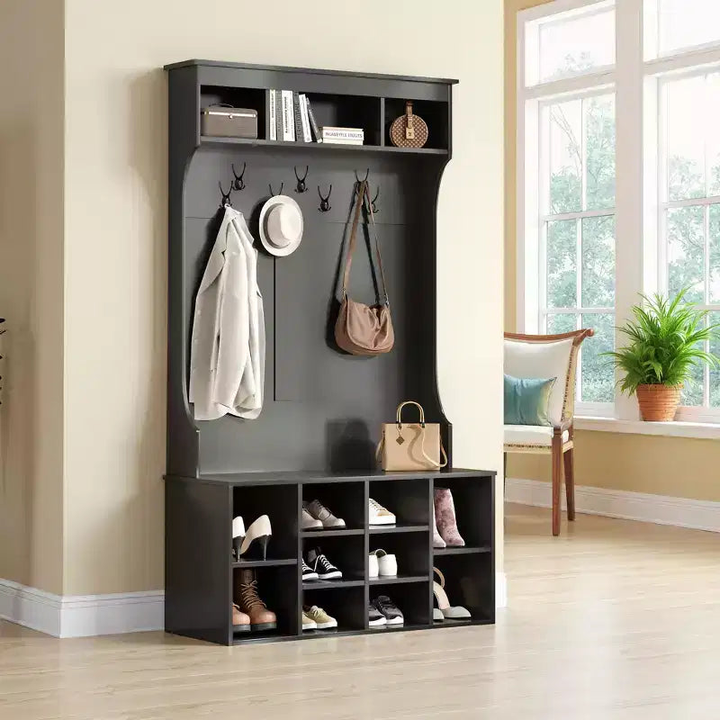MAYEERTY Portemanteau d'entrée noir de 180 cm – Avec rangement à chaussures et 7 crochets, banc réglable autoportant pour buanderie